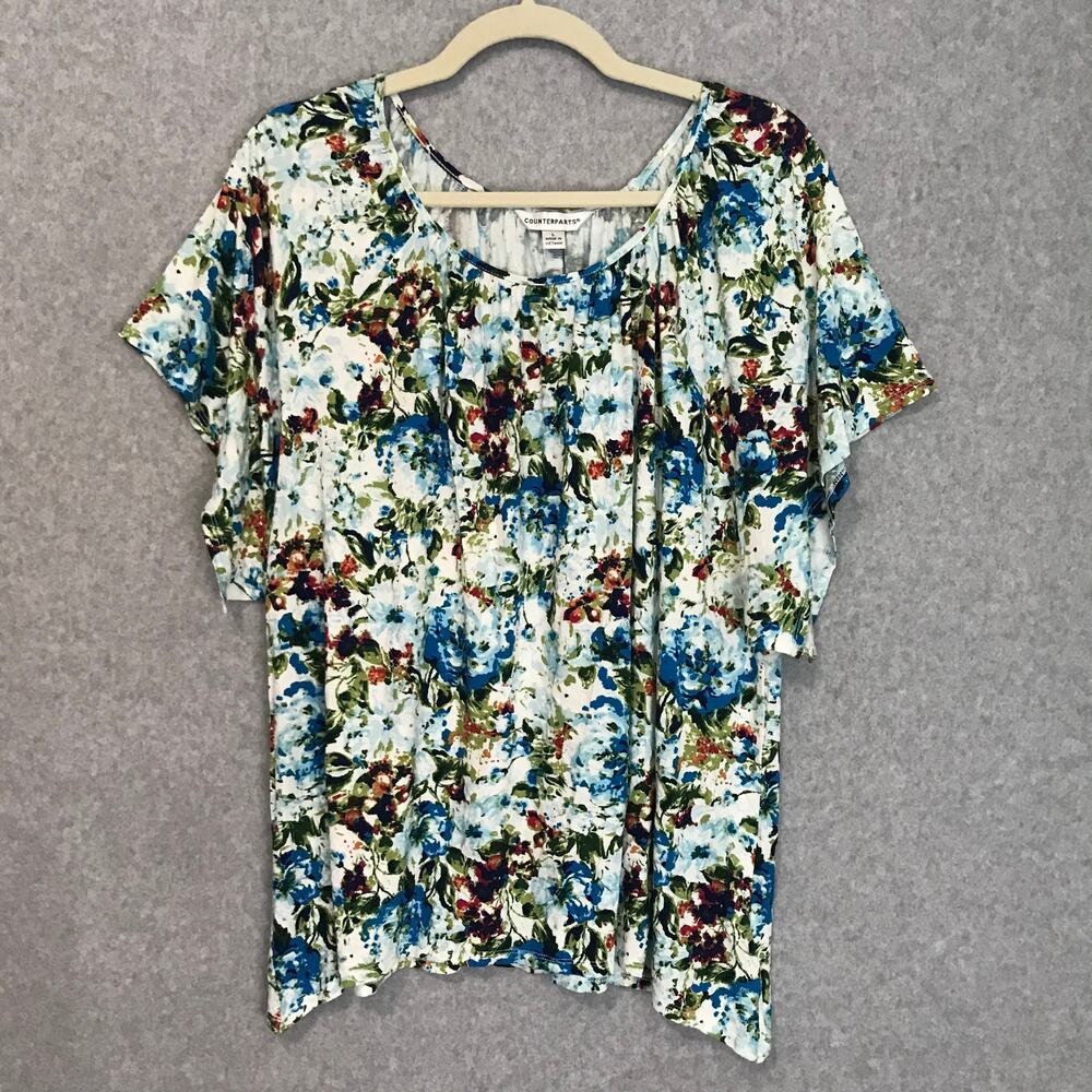 Counterparts Top Womens Large Blue Floral‎ Blouse Flowy Church Career Cottage